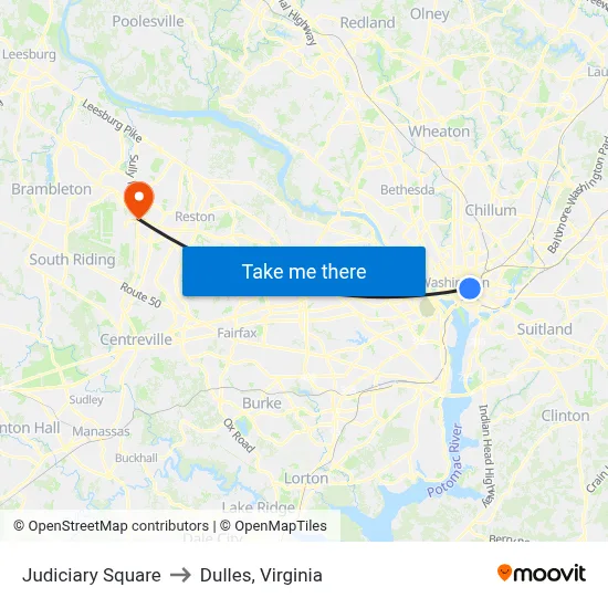 Judiciary Square to Dulles, Virginia map