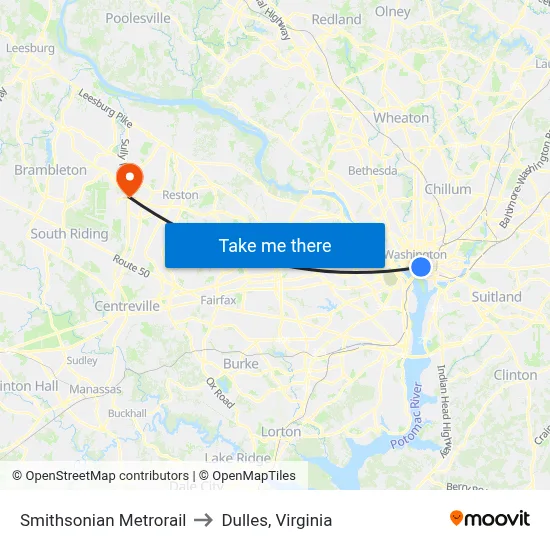 Smithsonian Metrorail to Dulles, Virginia map
