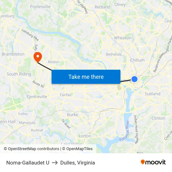 Noma-Gallaudet U to Dulles, Virginia map