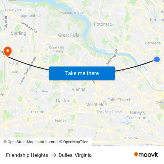 Friendship Heights to Dulles, Virginia map