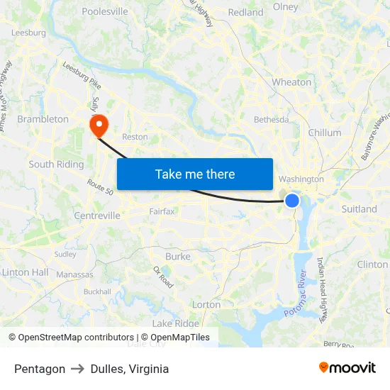 Pentagon to Dulles, Virginia map