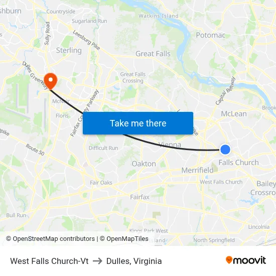 West Falls Church-Vt to Dulles, Virginia map