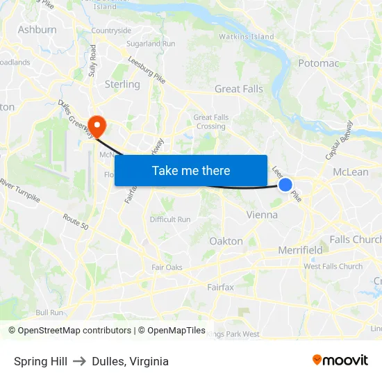 Spring Hill to Dulles, Virginia map