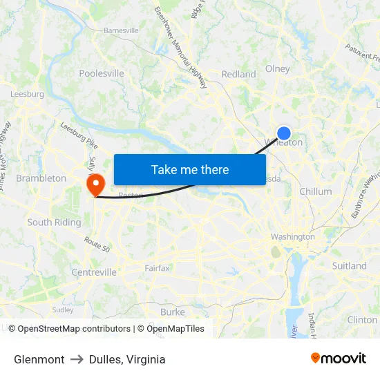 Glenmont to Dulles, Virginia map