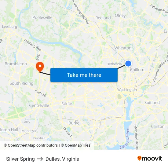 Silver Spring to Dulles, Virginia map