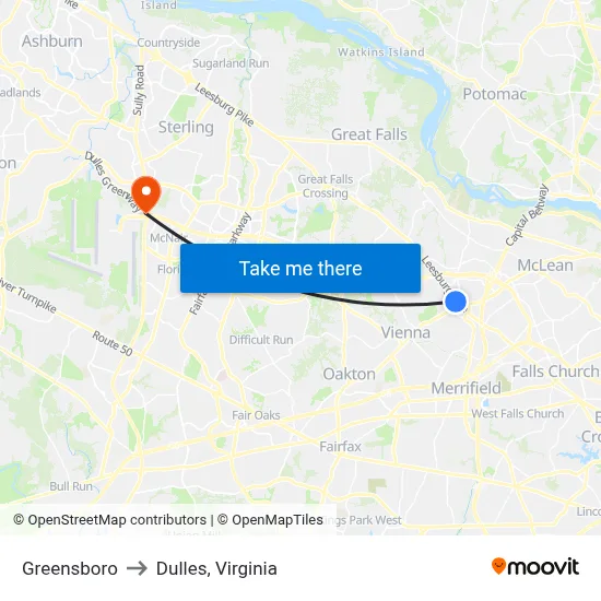 Greensboro to Dulles, Virginia map