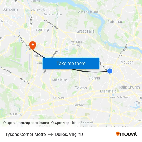 Tysons Corner Metro to Dulles, Virginia map