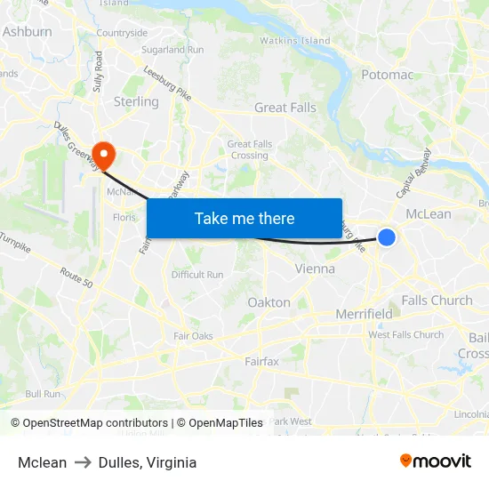 Mclean to Dulles, Virginia map