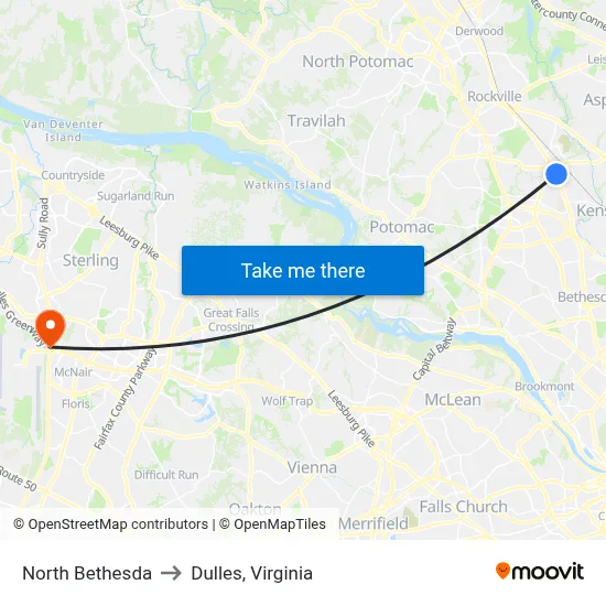 North Bethesda to Dulles, Virginia map