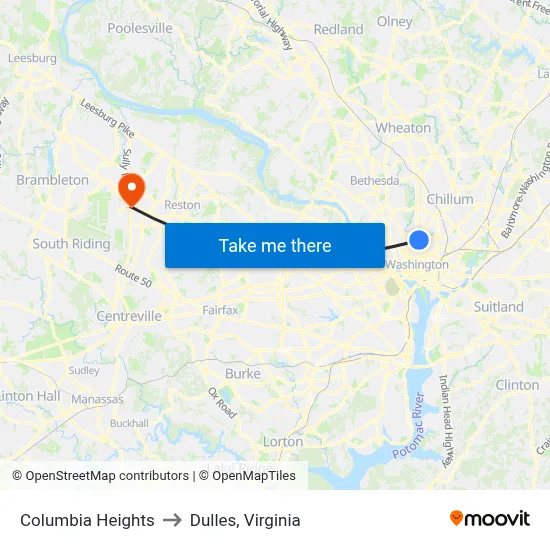 Columbia Heights to Dulles, Virginia map