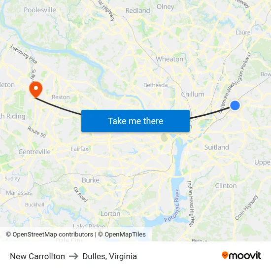 New Carrollton to Dulles, Virginia map