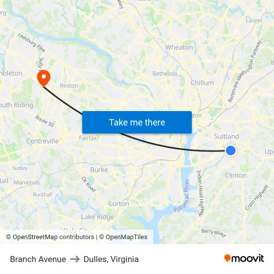 Branch Avenue to Dulles, Virginia map