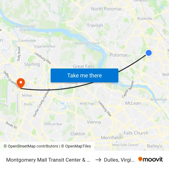 Montgomery Mall Transit Center & Bay E to Dulles, Virginia map
