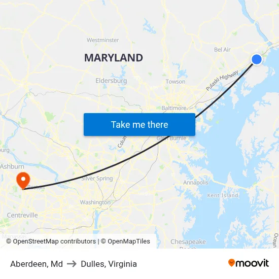 Aberdeen, Md to Dulles, Virginia map
