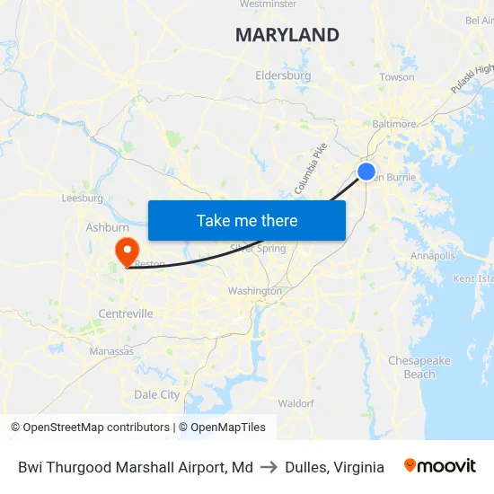 Bwi Thurgood Marshall  Airport, Md to Dulles, Virginia map