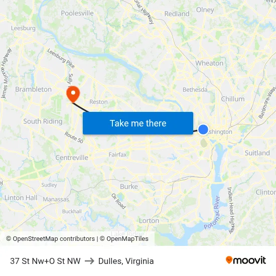 37 St Nw+O St NW to Dulles, Virginia map