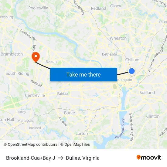 Brookland-Cua+Bay J to Dulles, Virginia map