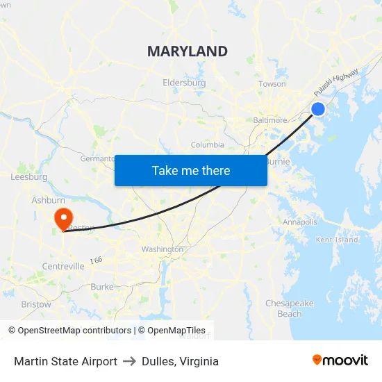 Martin State Airport to Dulles, Virginia map