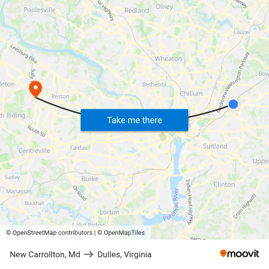 New Carrollton, Md to Dulles, Virginia map