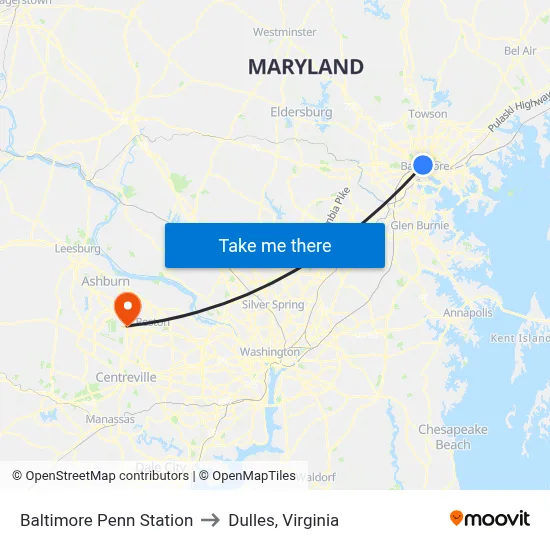 Baltimore Penn Station to Dulles, Virginia map