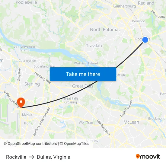 Rockville to Dulles, Virginia map
