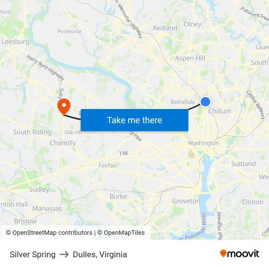 Silver Spring to Dulles, Virginia map