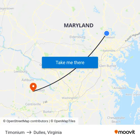Timonium to Dulles, Virginia map