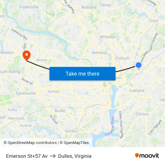 Emerson St+57 Av to Dulles, Virginia map