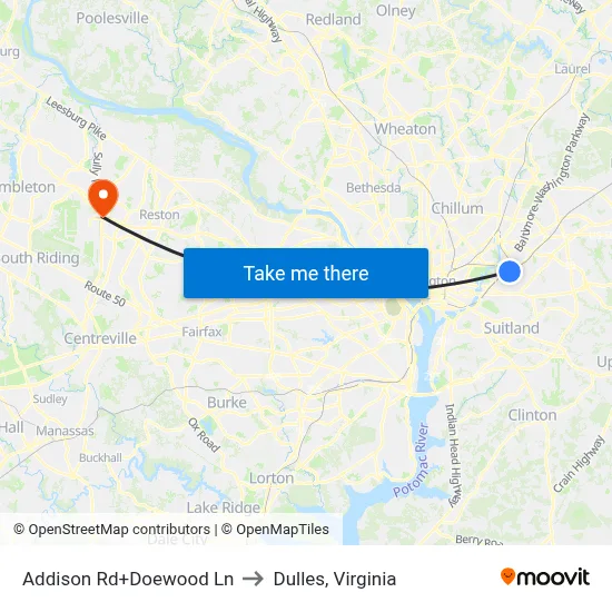 Addison Rd+Doewood Ln to Dulles, Virginia map