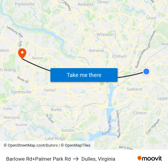 Barlowe Rd+Palmer Park Rd to Dulles, Virginia map