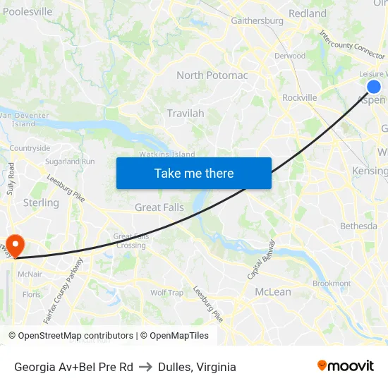 Georgia Av+Bel Pre Rd to Dulles, Virginia map