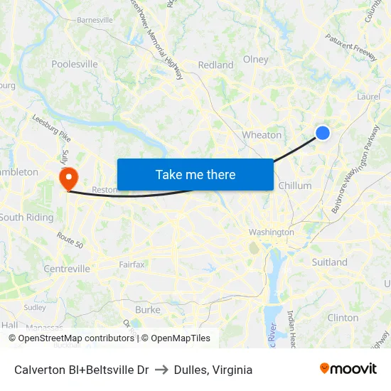 Calverton Bl+Beltsville Dr to Dulles, Virginia map