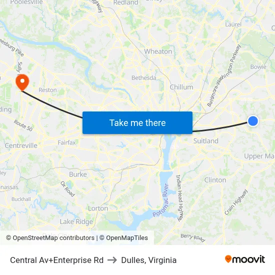 Central Av+Enterprise Rd to Dulles, Virginia map