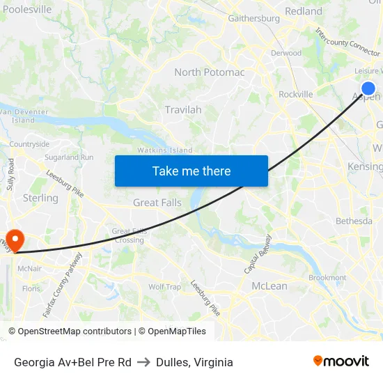 Georgia Av+Bel Pre Rd to Dulles, Virginia map