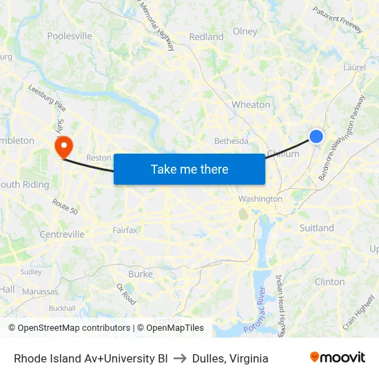 Rhode Island Av+University Bl to Dulles, Virginia map