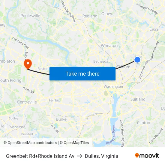Greenbelt Rd+Rhode Island Av to Dulles, Virginia map