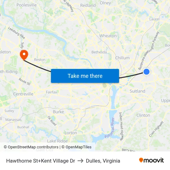 Hawthorne St+Kent Village Dr to Dulles, Virginia map