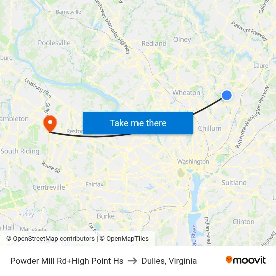 Powder Mill Rd+High Point Hs to Dulles, Virginia map