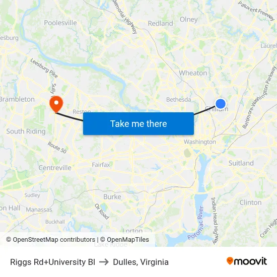 Riggs Rd+University Bl to Dulles, Virginia map