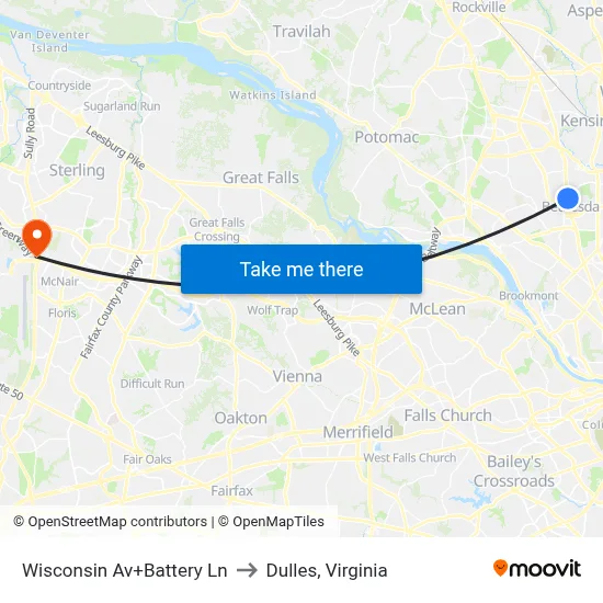 Wisconsin Av+Battery Ln to Dulles, Virginia map