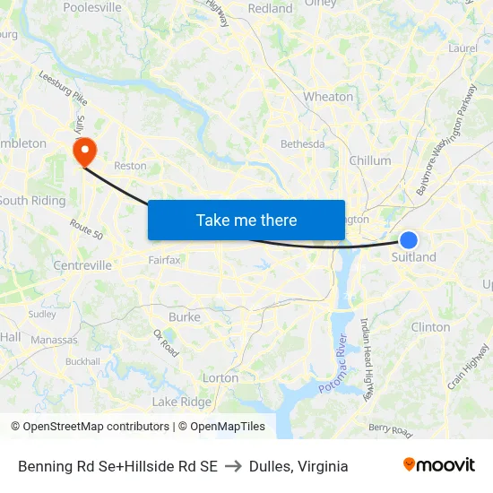 Benning Rd Se+Hillside Rd SE to Dulles, Virginia map