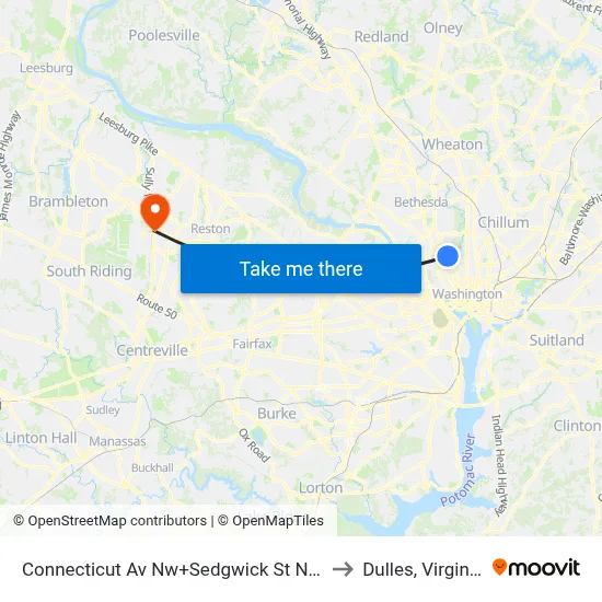 Connecticut Av Nw+Sedgwick St NW to Dulles, Virginia map
