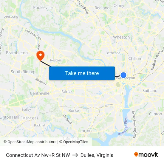 Connecticut Av Nw+R St NW to Dulles, Virginia map