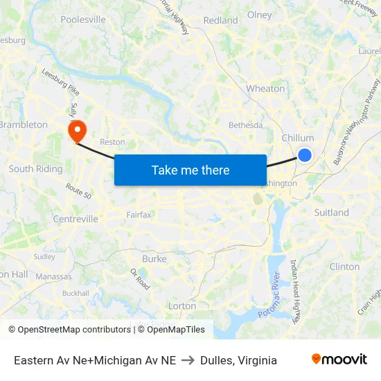 Eastern Av Ne+Michigan Av NE to Dulles, Virginia map