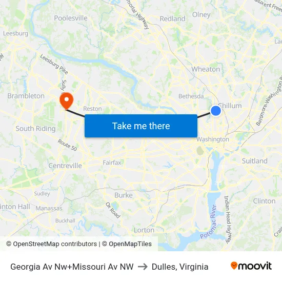 Georgia Av Nw+Missouri Av NW to Dulles, Virginia map