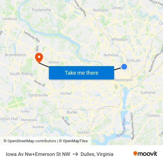 Iowa Av Nw+Emerson St NW to Dulles, Virginia map
