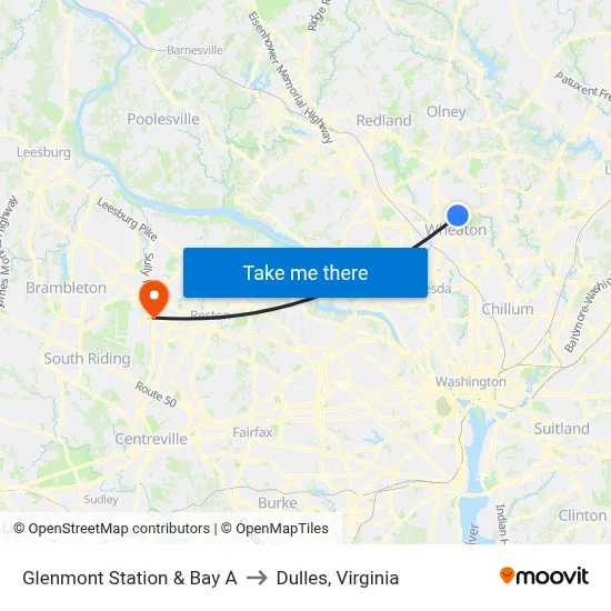 Glenmont Station & Bay A to Dulles, Virginia map
