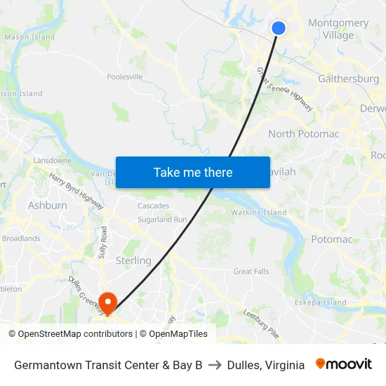 Germantown Transit Center & Bay B to Dulles, Virginia map