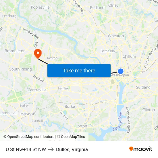 U St Nw+14 St NW to Dulles, Virginia map