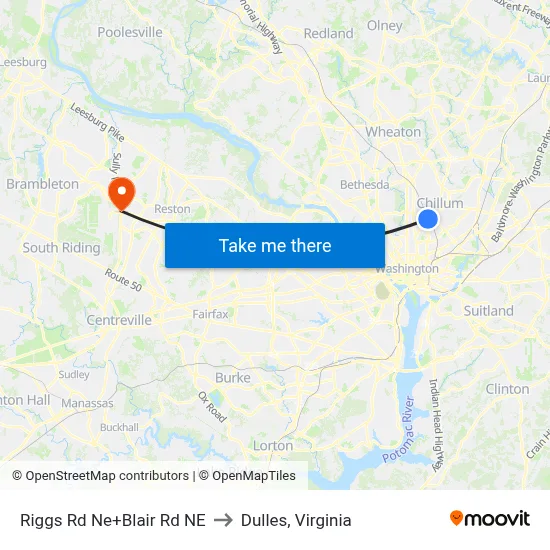 Riggs Rd Ne+Blair Rd NE to Dulles, Virginia map